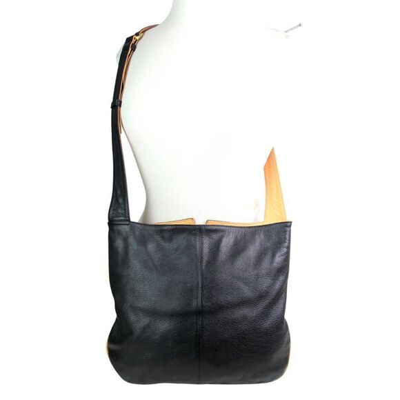 J.P. OURSE & CIE BLACK GENUINE LEATHER BROWN TRIM ORGANIZER X-BODY SHOULDER BAG - Picture 5 of 14